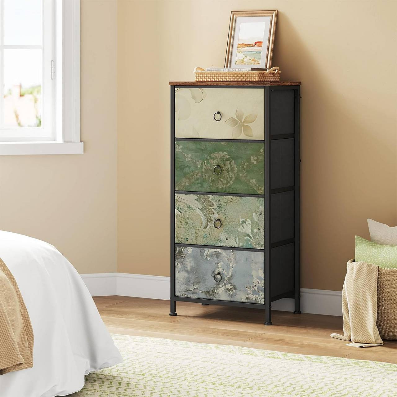 24goodz Vintage Floral 4-Drawer Chest - Unique Chic Design - E1 Wood and Metal - For Every Room - Rustic Brown + Black