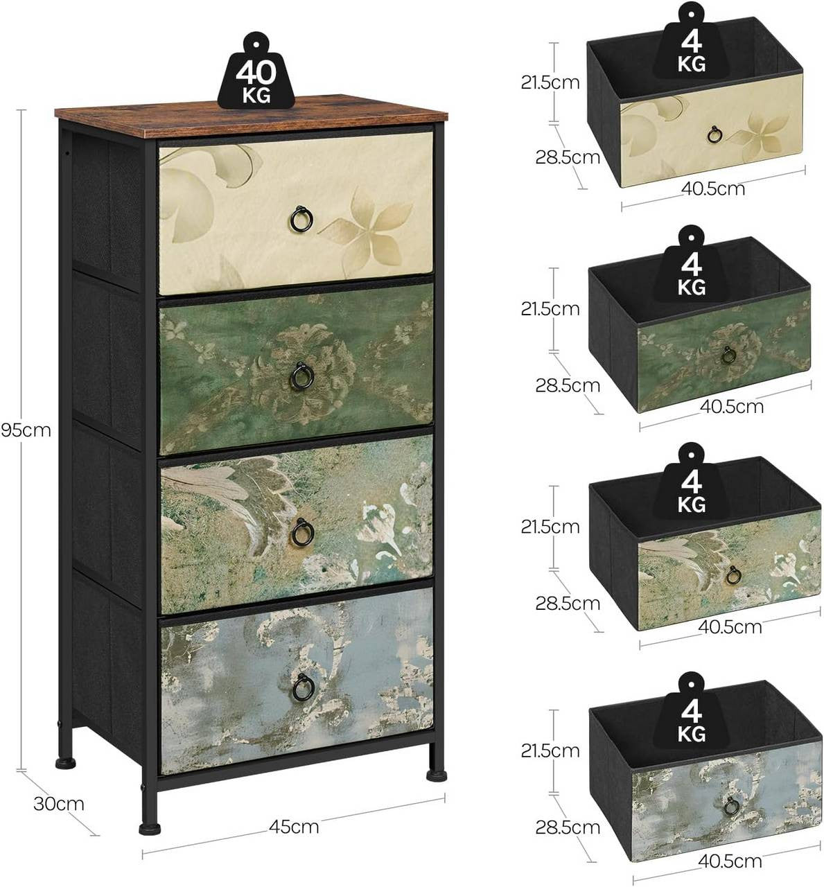 24goodz Vintage Floral 4-Drawer Chest - Unique Chic Design - E1 Wood and Metal - For Every Room - Rustic Brown + Black