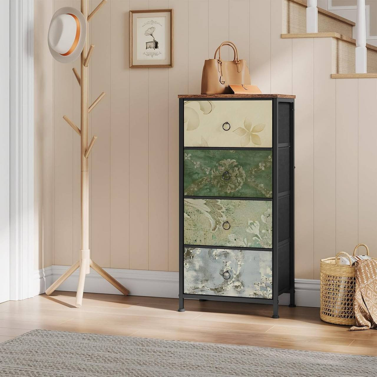 24goodz Vintage Floral 4-Drawer Chest - Unique Chic Design - E1 Wood and Metal - For Every Room - Rustic Brown + Black