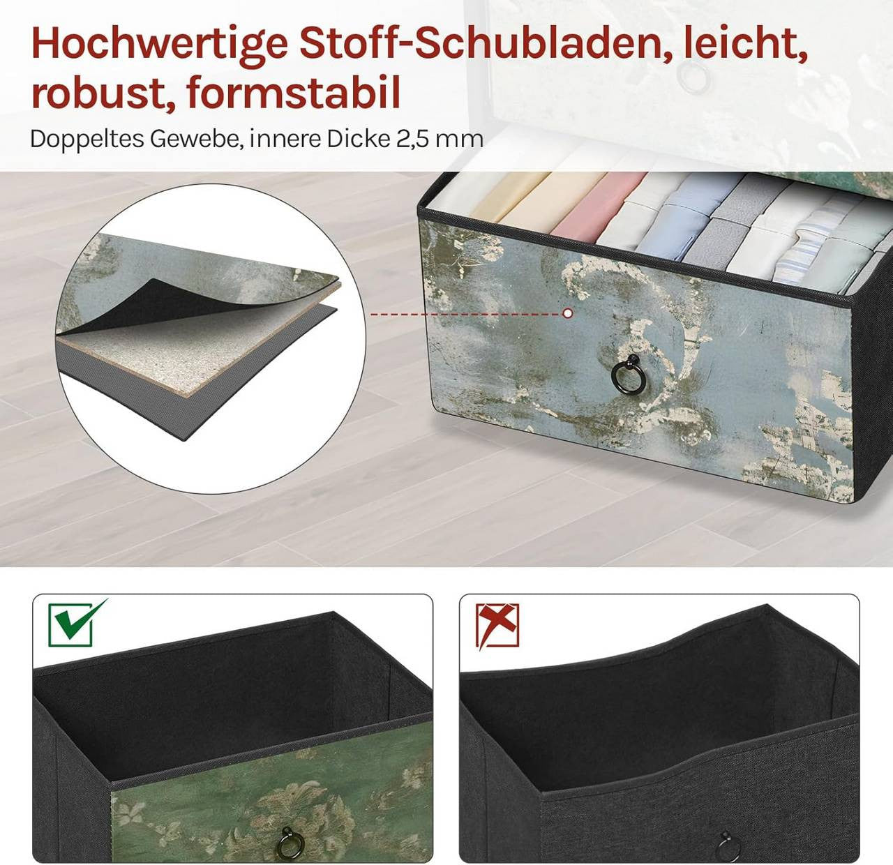 24goodz Vintage Floral 4-Drawer Chest - Unique Chic Design - E1 Wood and Metal - For Every Room - Rustic Brown + Black