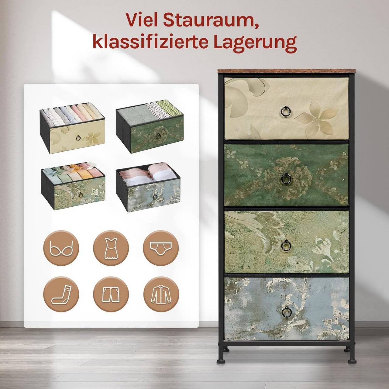 24goodz Vintage Floral 4-Drawer Chest - Unique Chic Design - E1 Wood and Metal - For Every Room - Rustic Brown + Black