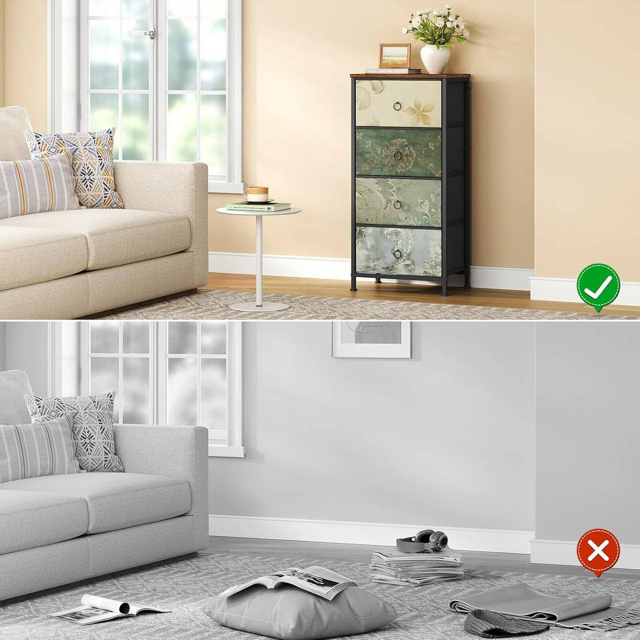 24goodz Vintage Floral 4-Drawer Chest - Unique Chic Design - E1 Wood and Metal - For Every Room - Rustic Brown + Black