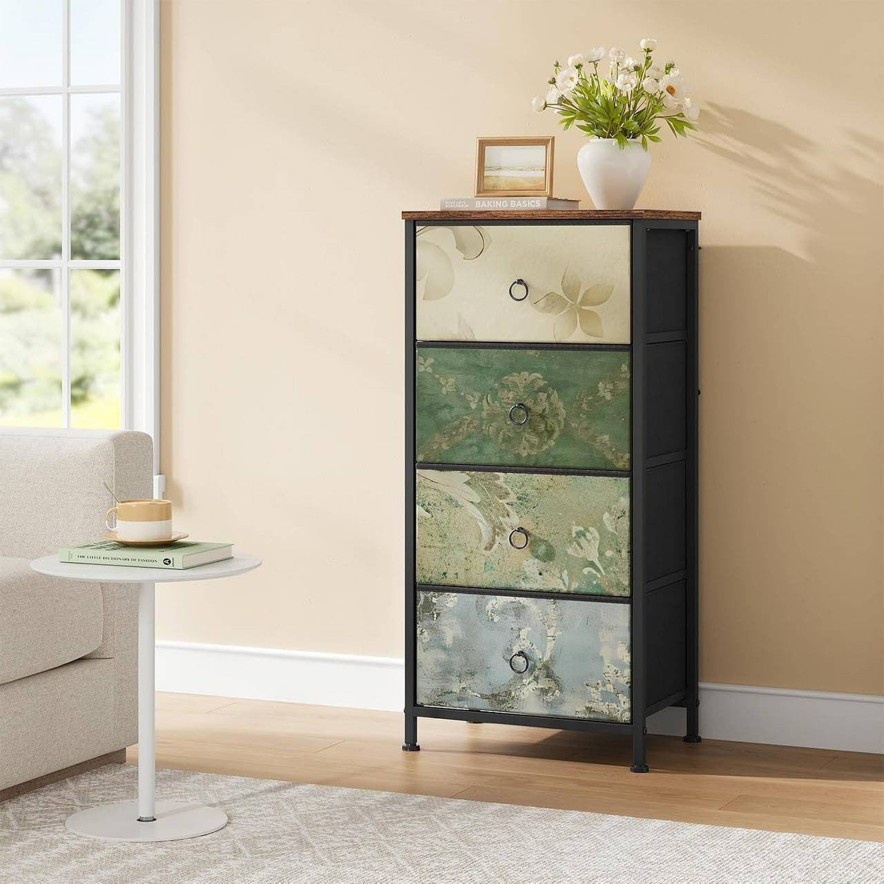 24goodz Vintage Floral 4-Drawer Chest - Unique Chic Design - E1 Wood and Metal - For Every Room - Rustic Brown + Black
