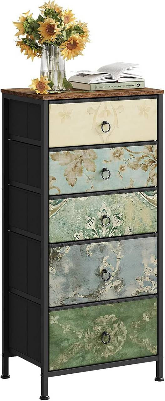 24goodz Vintage Floral 5-Drawer Chest - Unique Chic Design - Durable Materials - For Home Organization - Rustic Brown + Black