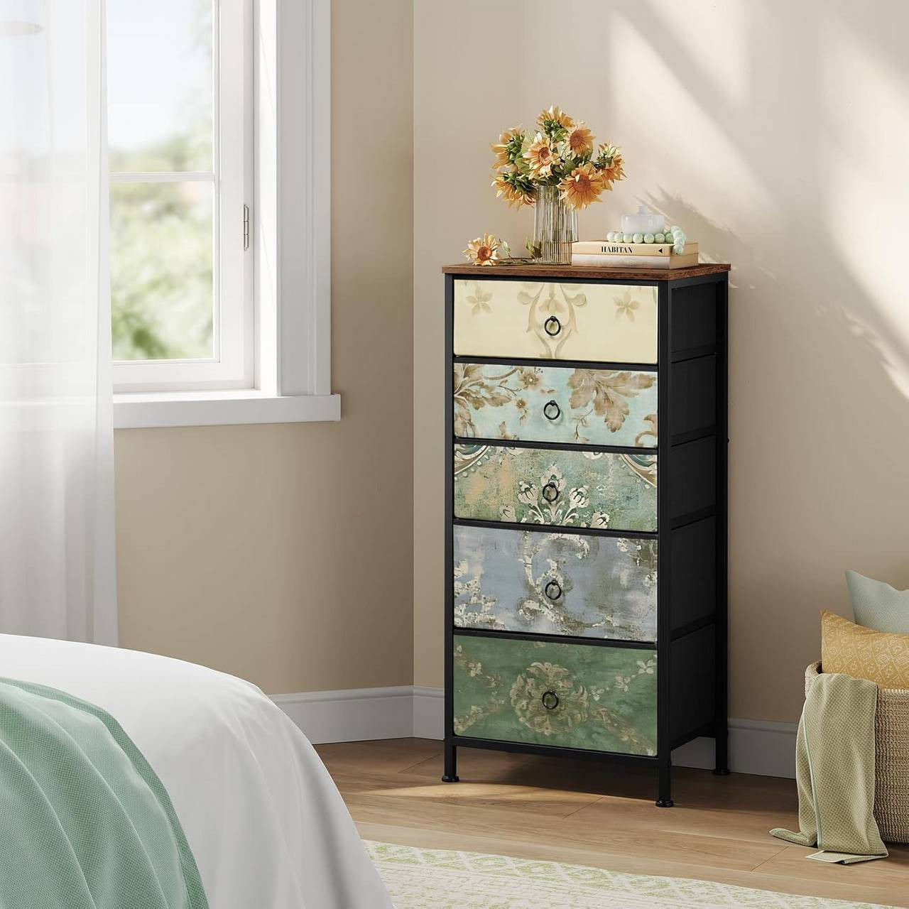 24goodz Vintage Floral 5-Drawer Chest - Unique Chic Design - Durable Materials - For Home Organization - Rustic Brown + Black