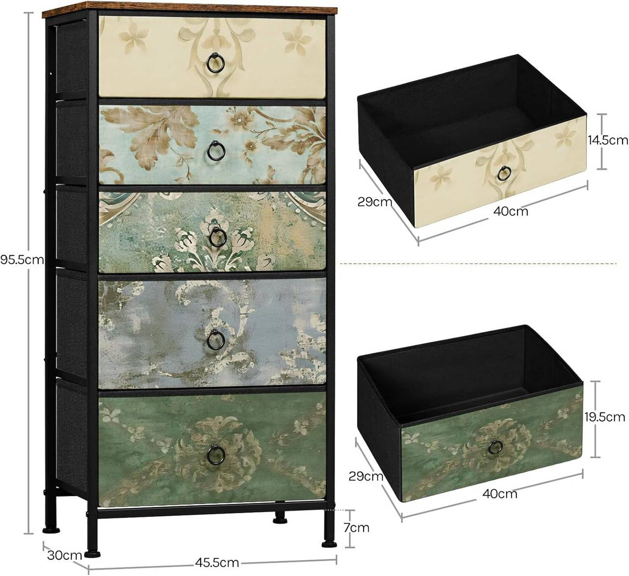 24goodz Vintage Floral 5-Drawer Chest - Unique Chic Design - Durable Materials - For Home Organization - Rustic Brown + Black