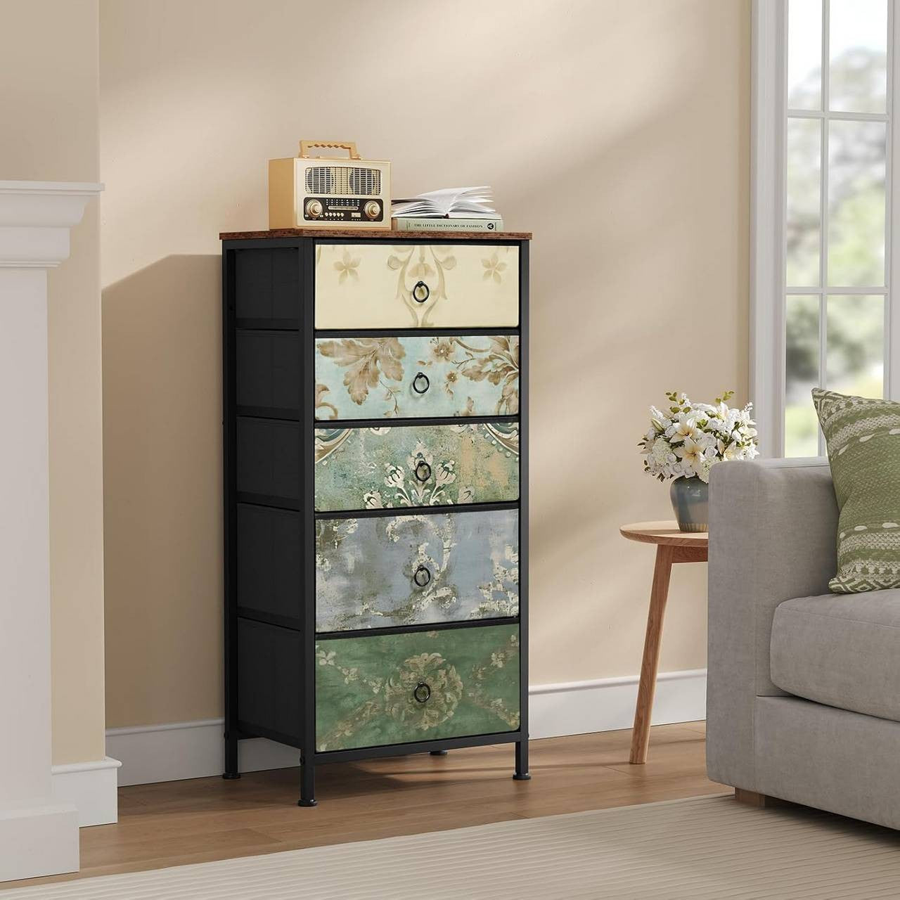 24goodz Vintage Floral 5-Drawer Chest - Unique Chic Design - Durable Materials - For Home Organization - Rustic Brown + Black