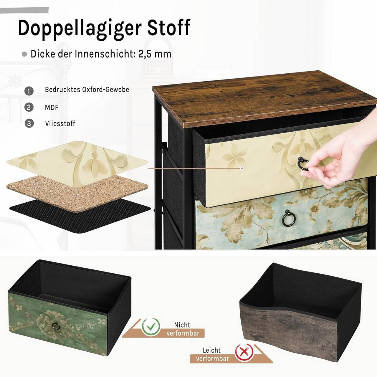 24goodz Vintage Floral 5-Drawer Chest - Unique Chic Design - Durable Materials - For Home Organization - Rustic Brown + Black