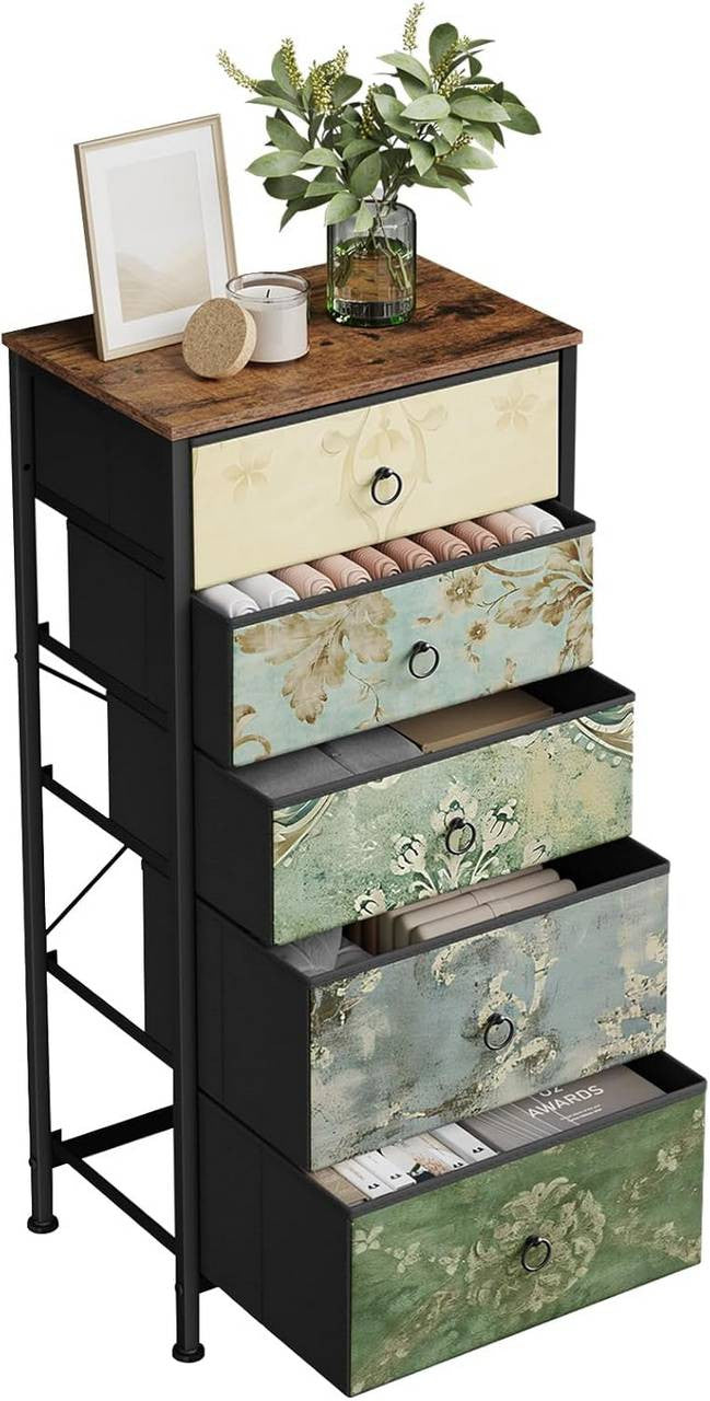 24goodz Vintage Floral 5-Drawer Chest - Unique Chic Design - Durable Materials - For Home Organization - Rustic Brown + Black