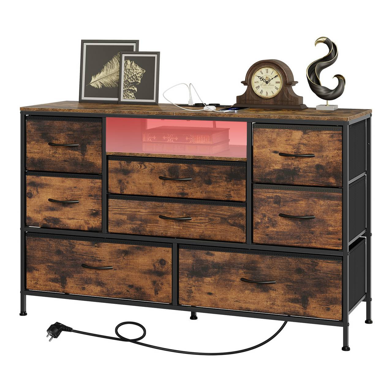 24goodz 8-Drawer Storage Cabinet with LED Lighting - Versatile Charging Options - E1-Class Wood and Metal - For Home Use - Rustic Brown + Black