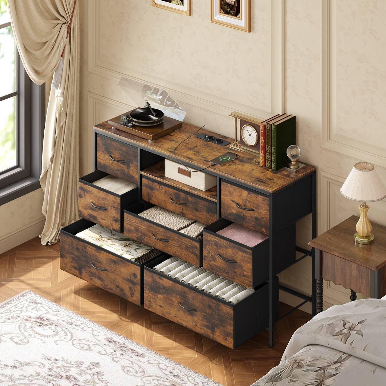 24goodz 8-Drawer Storage Cabinet with LED Lighting - Versatile Charging Options - E1-Class Wood and Metal - For Home Use - Rustic Brown + Black