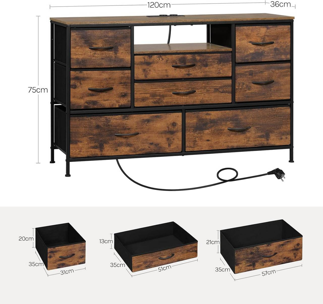 24goodz 8-Drawer Storage Cabinet with LED Lighting - Versatile Charging Options - E1-Class Wood and Metal - For Home Use - Rustic Brown + Black