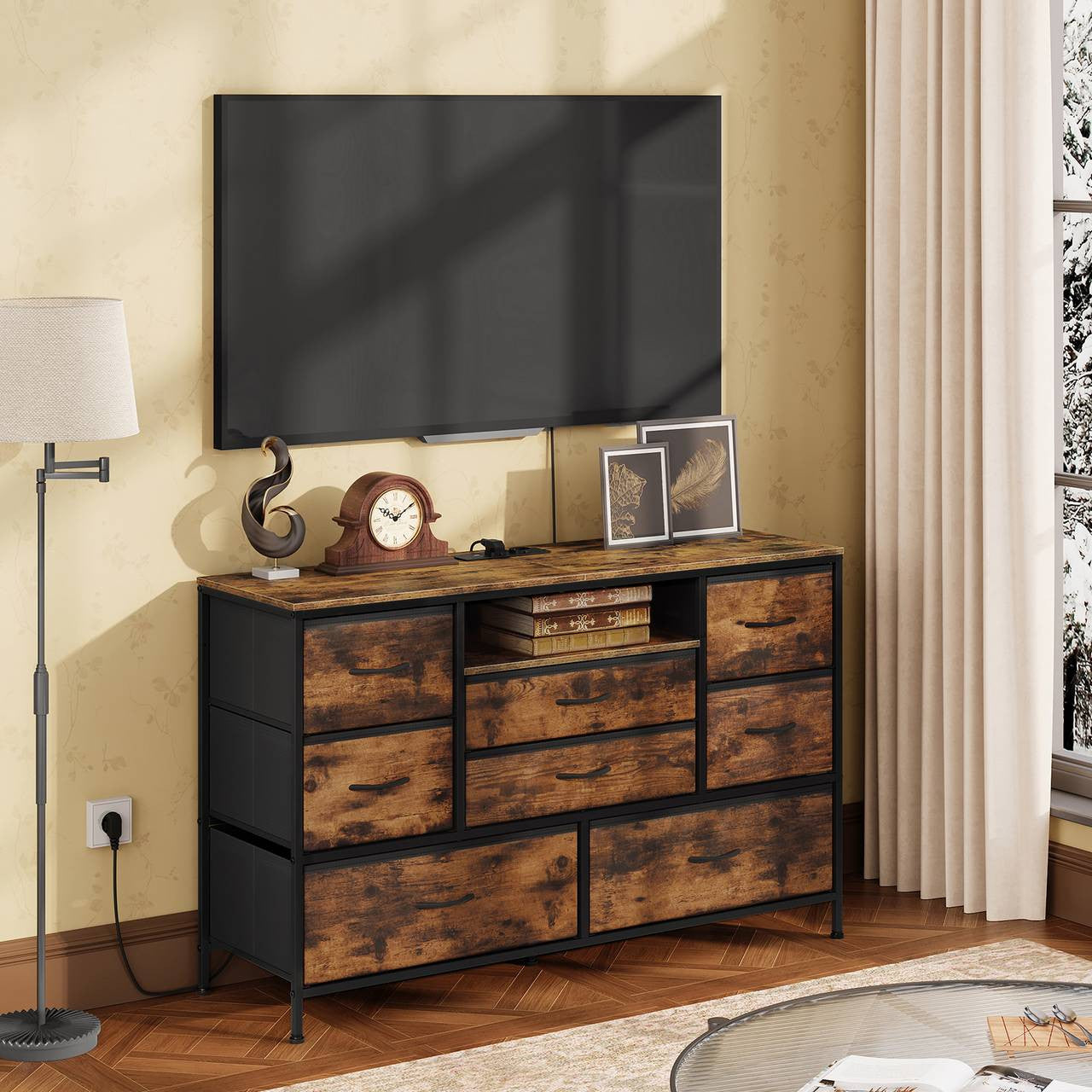 24goodz 8-Drawer Storage Cabinet with LED Lighting - Versatile Charging Options - E1-Class Wood and Metal - For Home Use - Rustic Brown + Black