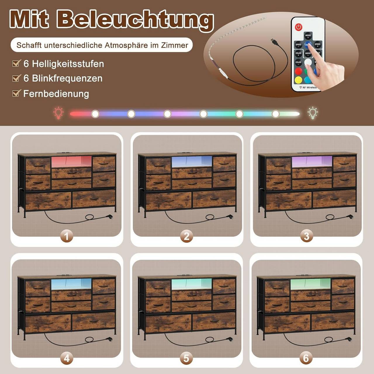 24goodz 8-Drawer Storage Cabinet with LED Lighting - Versatile Charging Options - E1-Class Wood and Metal - For Home Use - Rustic Brown + Black