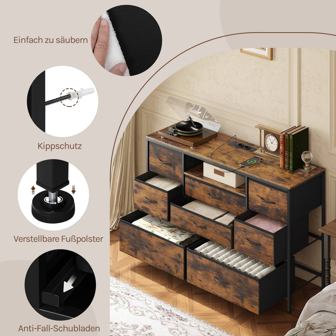 24goodz 8-Drawer Storage Cabinet with LED Lighting - Versatile Charging Options - E1-Class Wood and Metal - For Home Use - Rustic Brown + Black