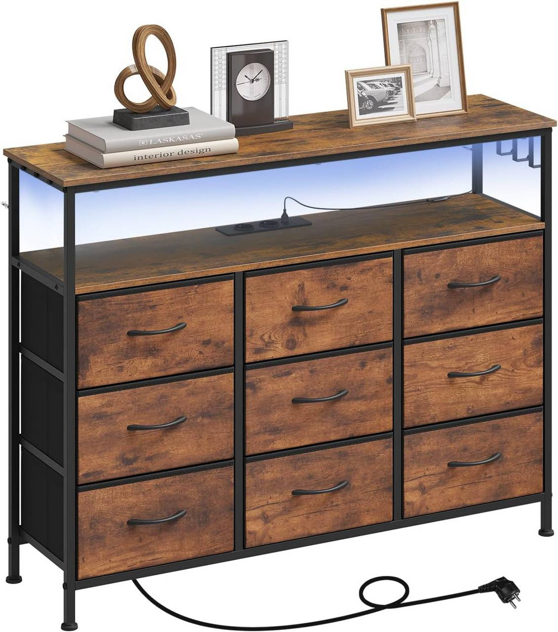 24goodz Rustic Brown Drawer Cabinet with 9 Fabric Drawers - Integrated LED Lighting - Sturdy Metal Frame - For Home Organization - 110 x 85 x 30 cm