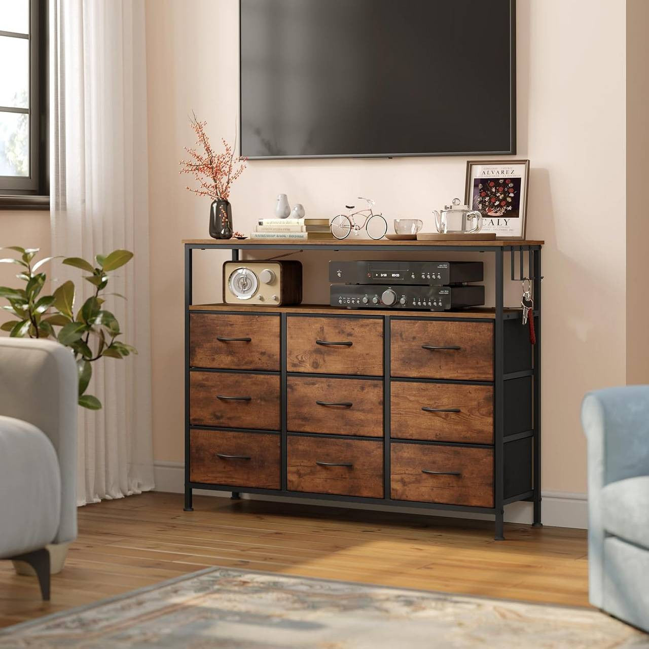 24goodz Rustic Brown Drawer Cabinet with 9 Fabric Drawers - Integrated LED Lighting - Sturdy Metal Frame - For Home Organization - 110 x 85 x 30 cm