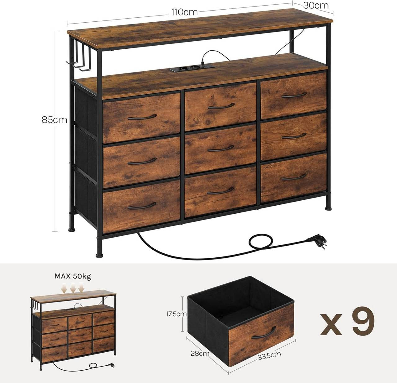 24goodz Rustic Brown Drawer Cabinet with 9 Fabric Drawers - Integrated LED Lighting - Sturdy Metal Frame - For Home Organization - 110 x 85 x 30 cm