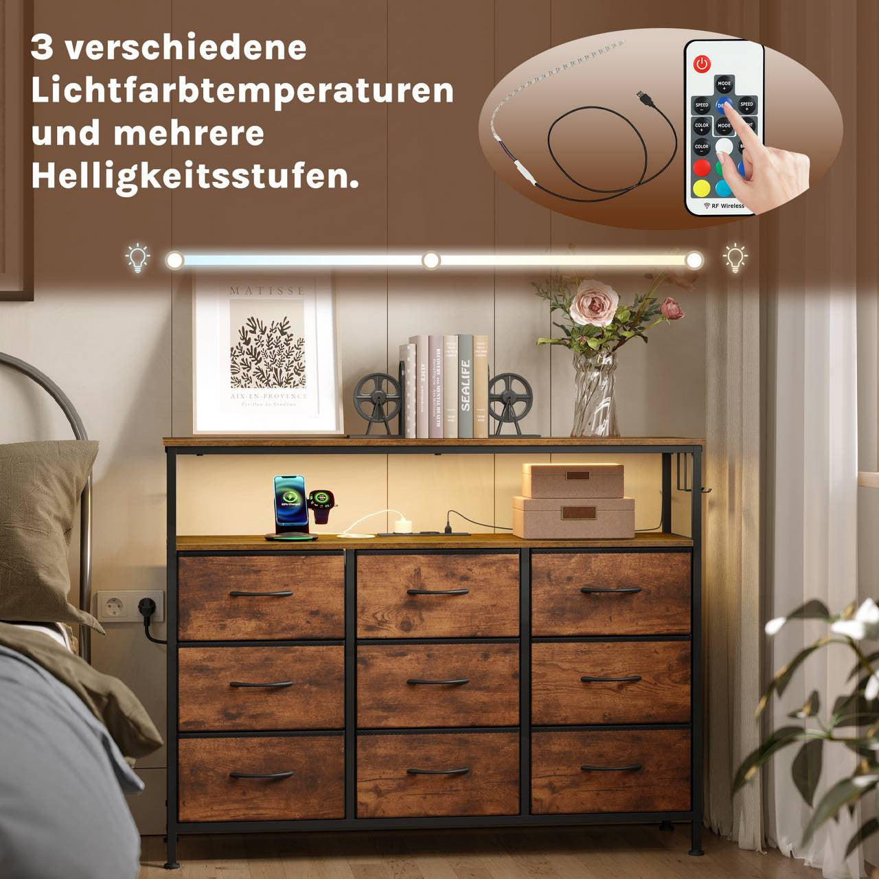 24goodz Rustic Brown Drawer Cabinet with 9 Fabric Drawers - Integrated LED Lighting - Sturdy Metal Frame - For Home Organization - 110 x 85 x 30 cm