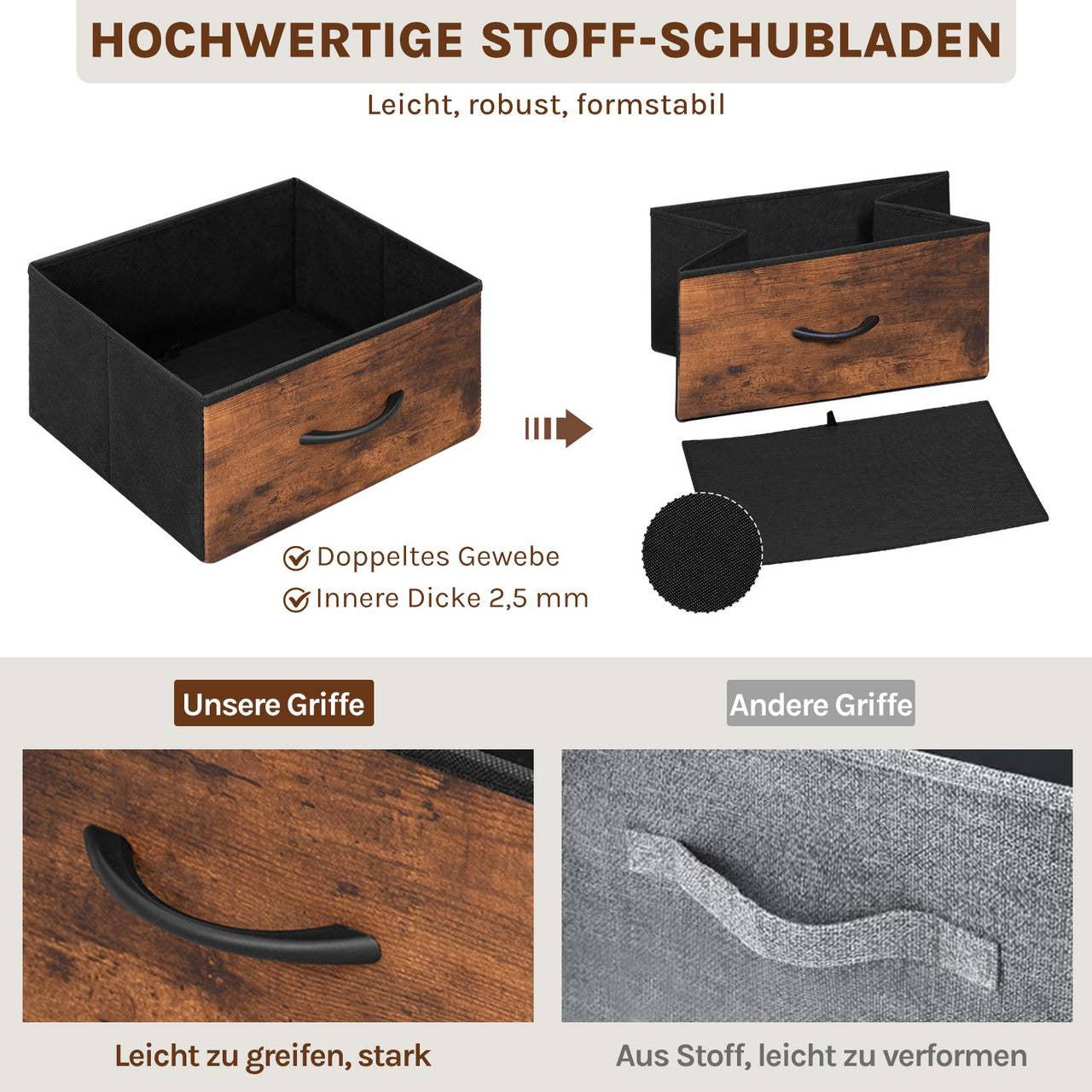 24goodz Rustic Brown Drawer Cabinet with 9 Fabric Drawers - Integrated LED Lighting - Sturdy Metal Frame - For Home Organization - 110 x 85 x 30 cm