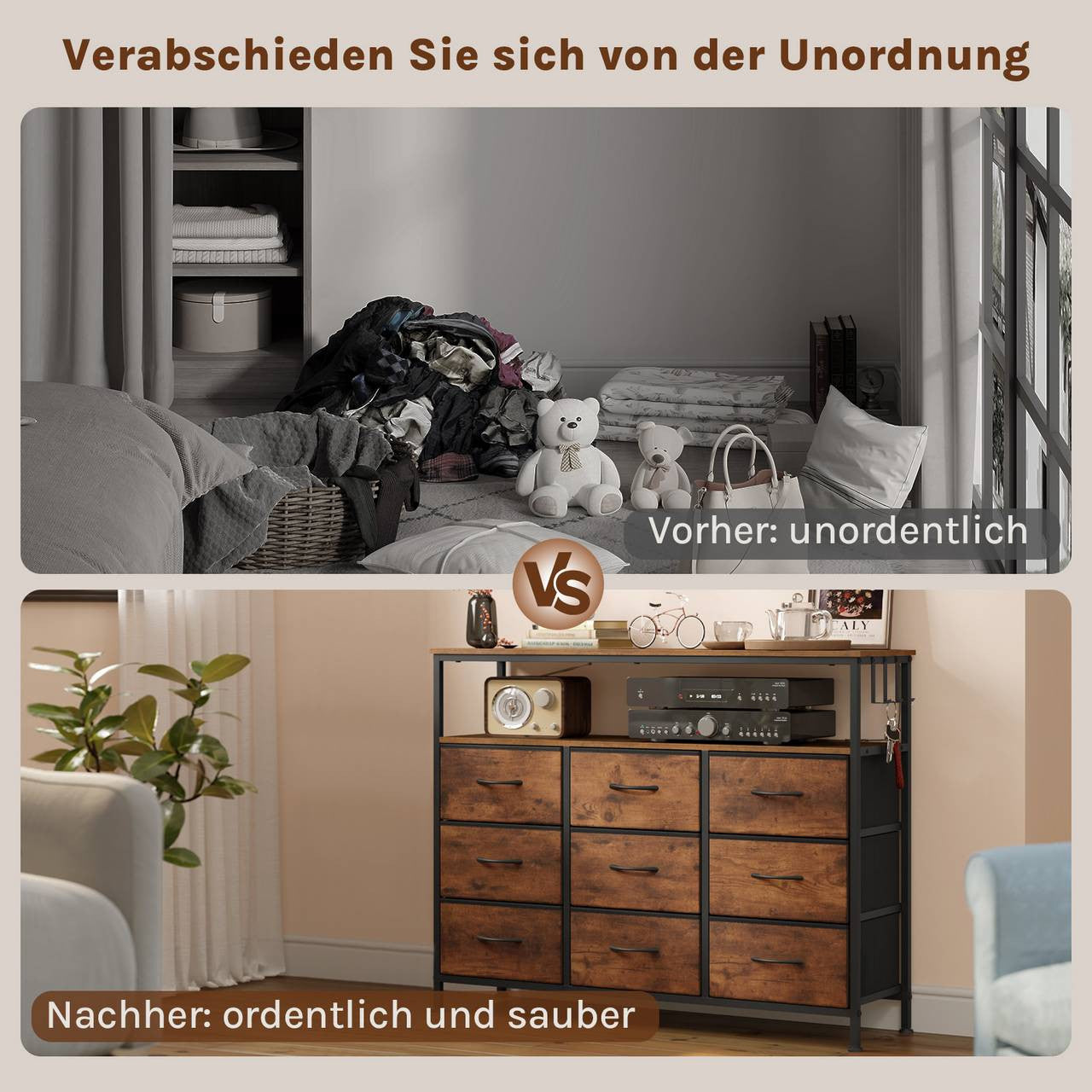 24goodz Rustic Brown Drawer Cabinet with 9 Fabric Drawers - Integrated LED Lighting - Sturdy Metal Frame - For Home Organization - 110 x 85 x 30 cm