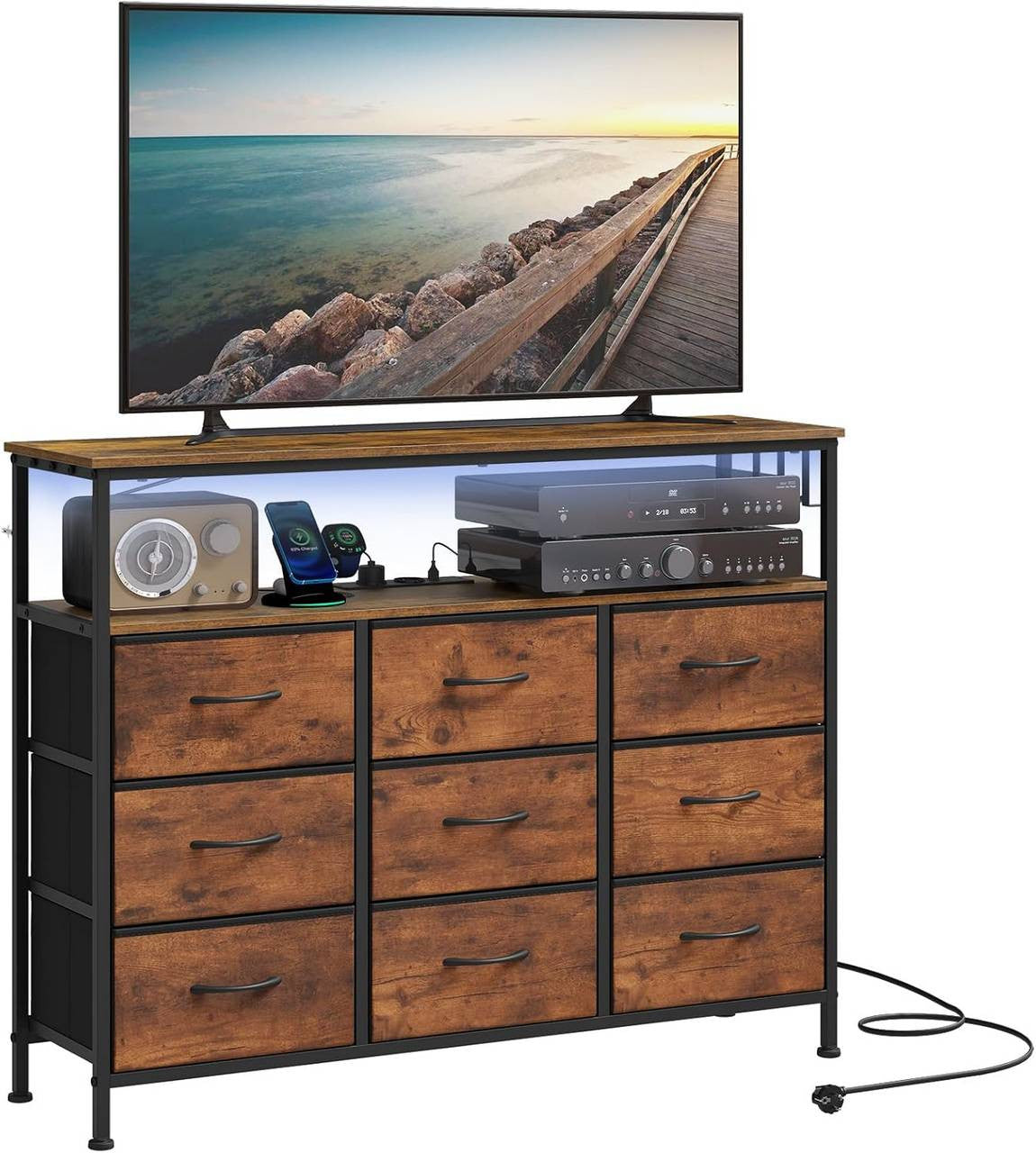 24goodz Rustic Brown Drawer Cabinet with 9 Fabric Drawers - Integrated LED Lighting - Sturdy Metal Frame - For Home Organization - 110 x 85 x 30 cm