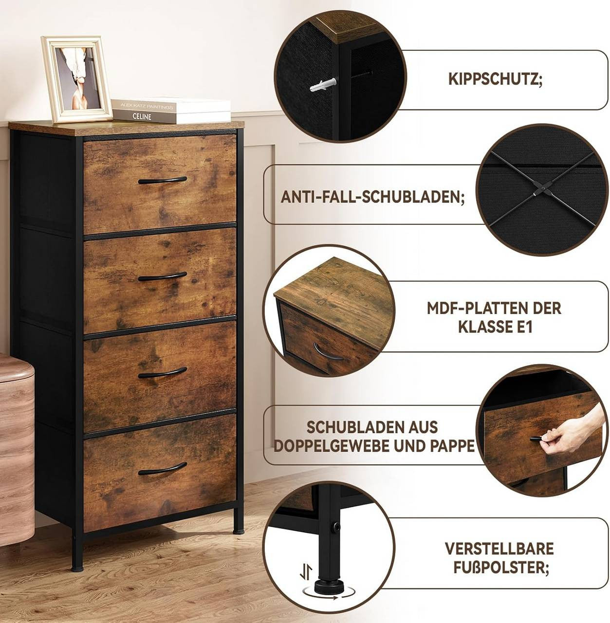 24goodz Vintage Brown Drawer Cabinet - Strong and Sturdy Construction - Multifunctional - E1 Wood Material - For Home Organization - 45 x 95 x 30 cm