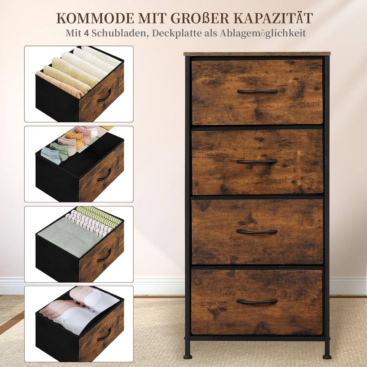24goodz Vintage Brown Drawer Cabinet - Strong and Sturdy Construction - Multifunctional - E1 Wood Material - For Home Organization - 45 x 95 x 30 cm