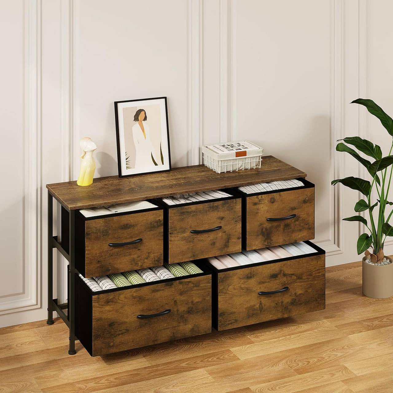 24goodz Vintage 5-Drawer Chest - Ample Storage Space - Sturdy Metal Frame - For Every Room - Vintage Brown