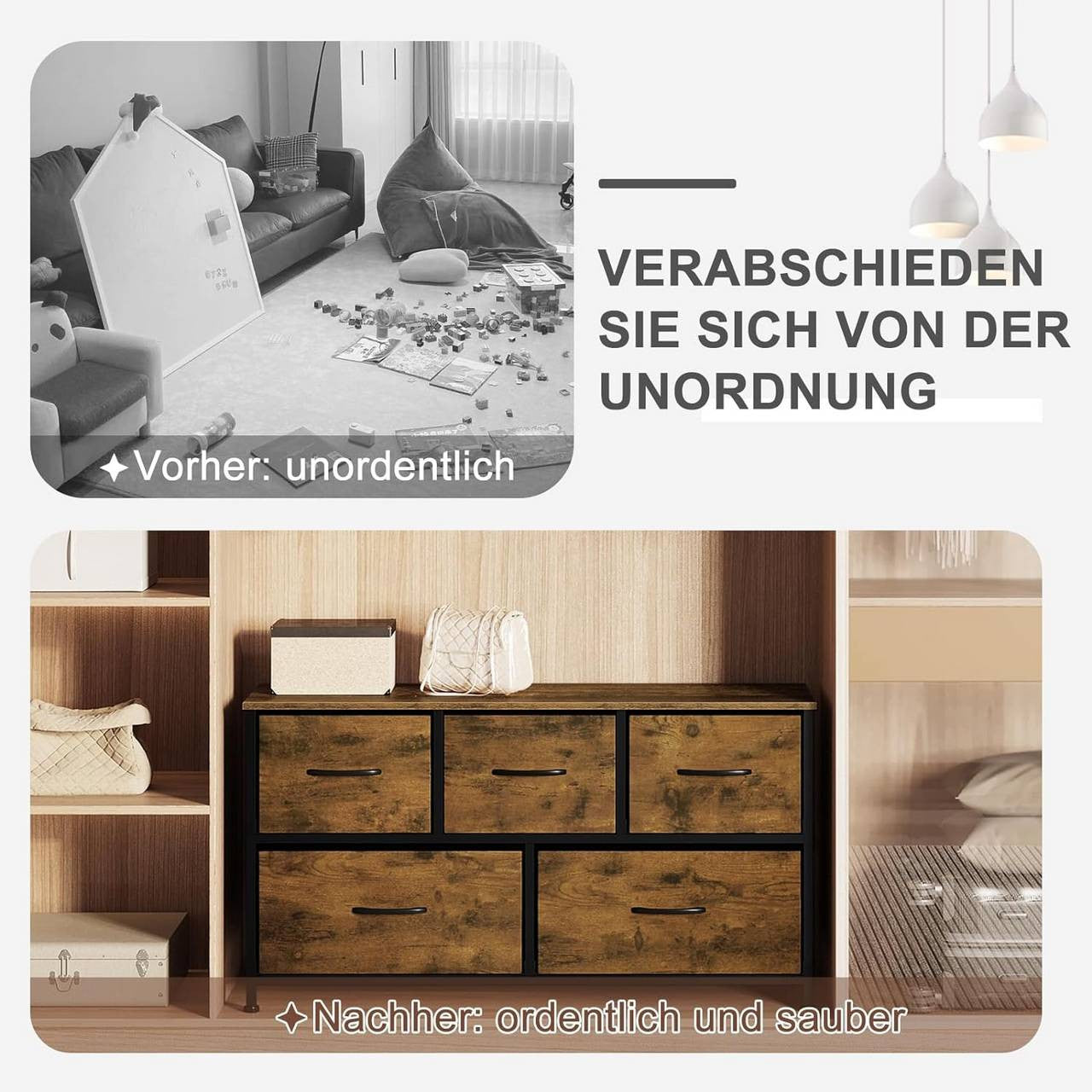 24goodz Vintage 5-Drawer Chest - Ample Storage Space - Sturdy Metal Frame - For Every Room - Vintage Brown