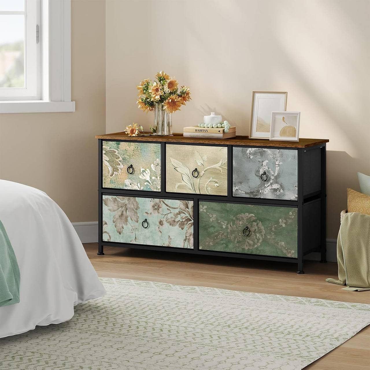 24goodz Vintage Floral 5-Drawer Chest - Unique Chic Design - Durable Metal and Wood - For Home Organization - Rustic Brown + Black