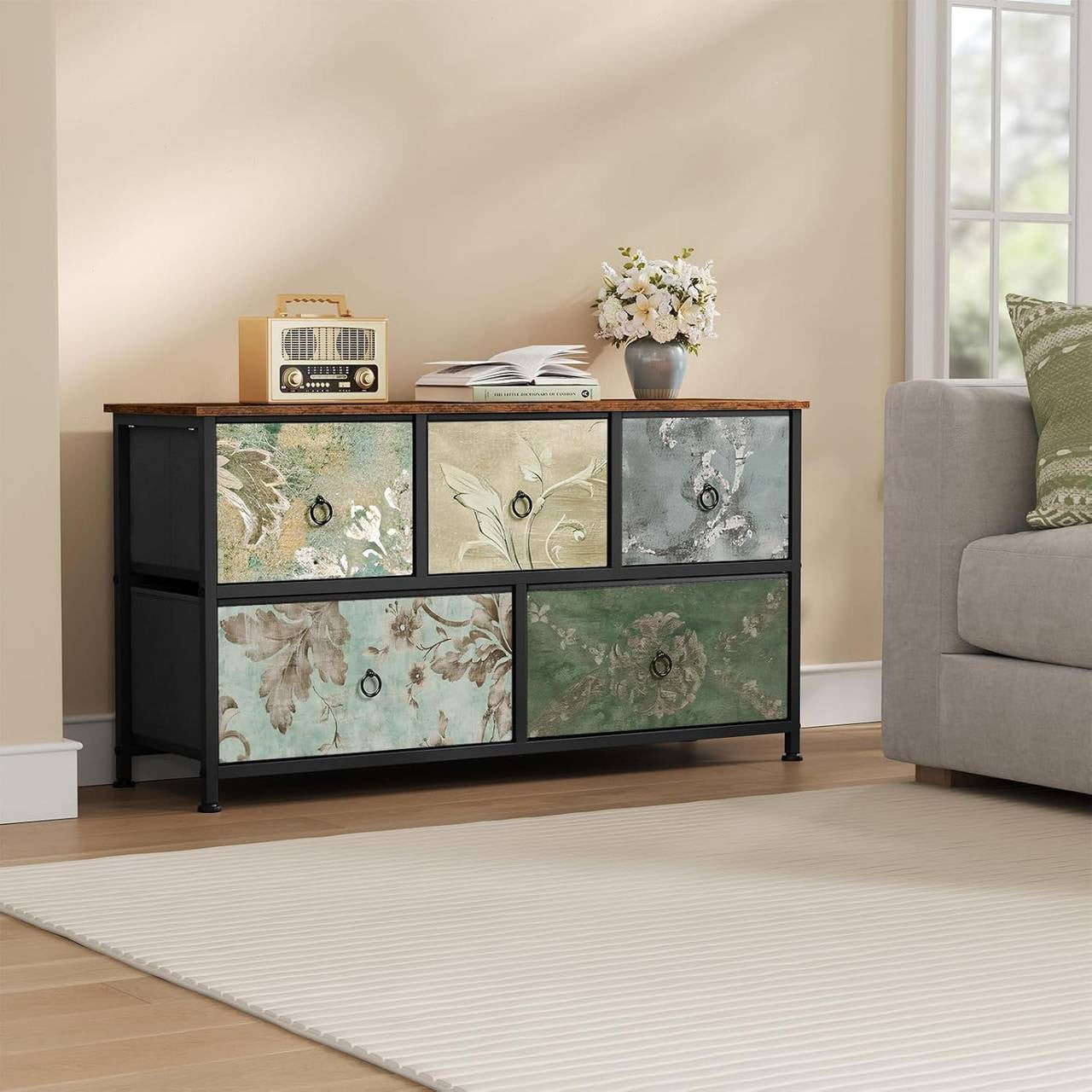 24goodz Vintage Floral 5-Drawer Chest - Unique Chic Design - Durable Metal and Wood - For Home Organization - Rustic Brown + Black