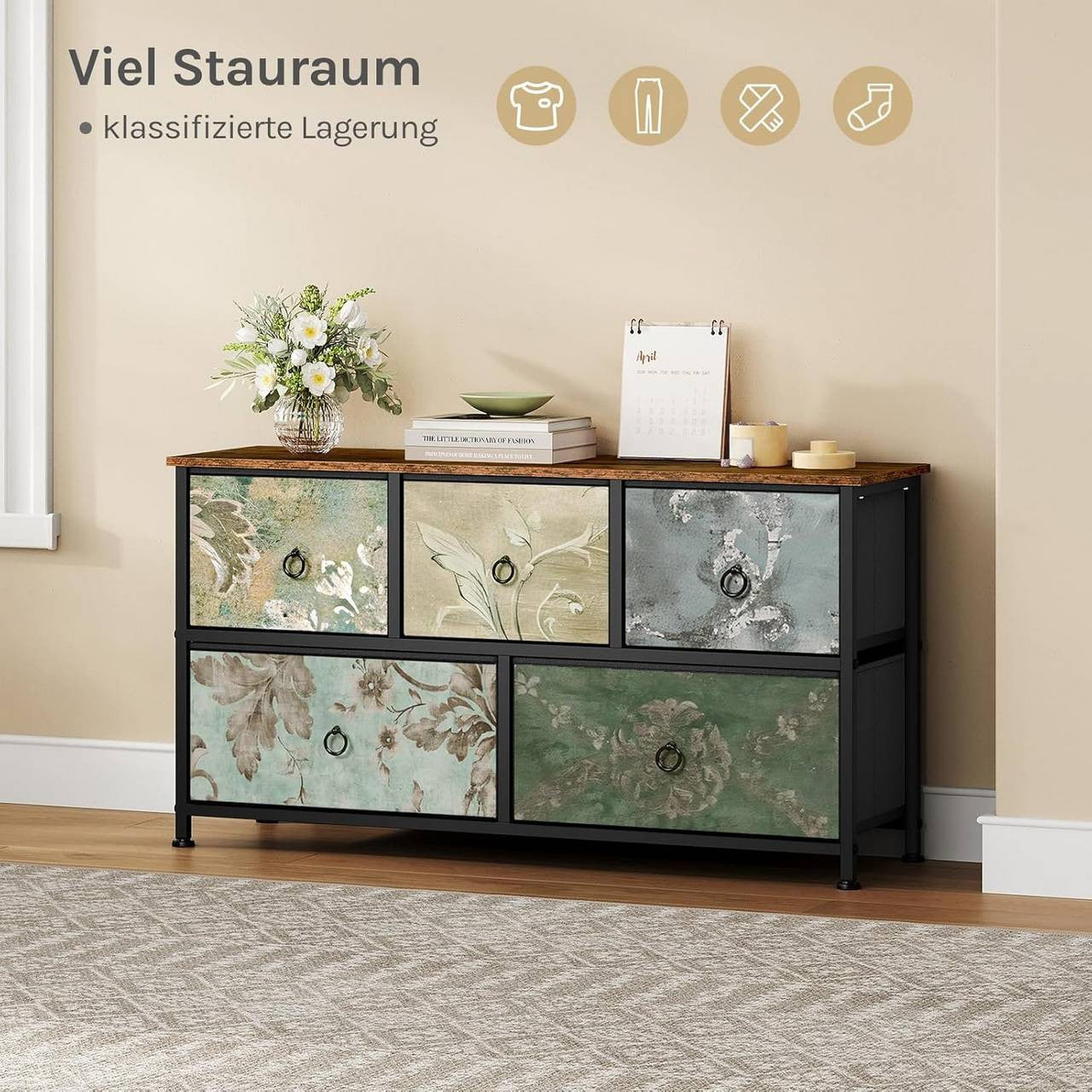 24goodz Vintage Floral 5-Drawer Chest - Unique Chic Design - Durable Metal and Wood - For Home Organization - Rustic Brown + Black