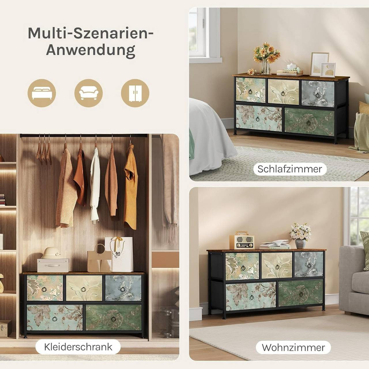 24goodz Vintage Floral 5-Drawer Chest - Unique Chic Design - Durable Metal and Wood - For Home Organization - Rustic Brown + Black