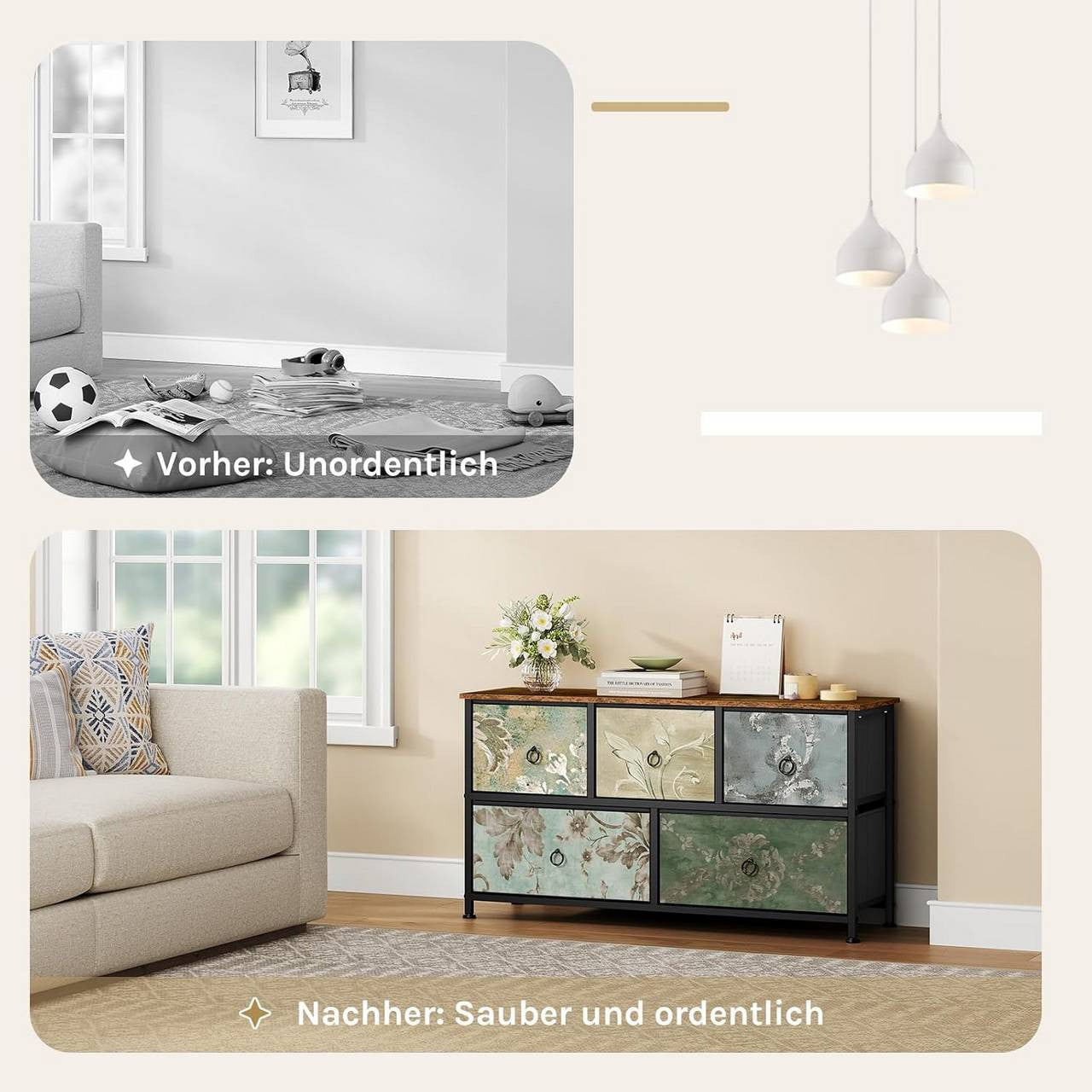 24goodz Vintage Floral 5-Drawer Chest - Unique Chic Design - Durable Metal and Wood - For Home Organization - Rustic Brown + Black