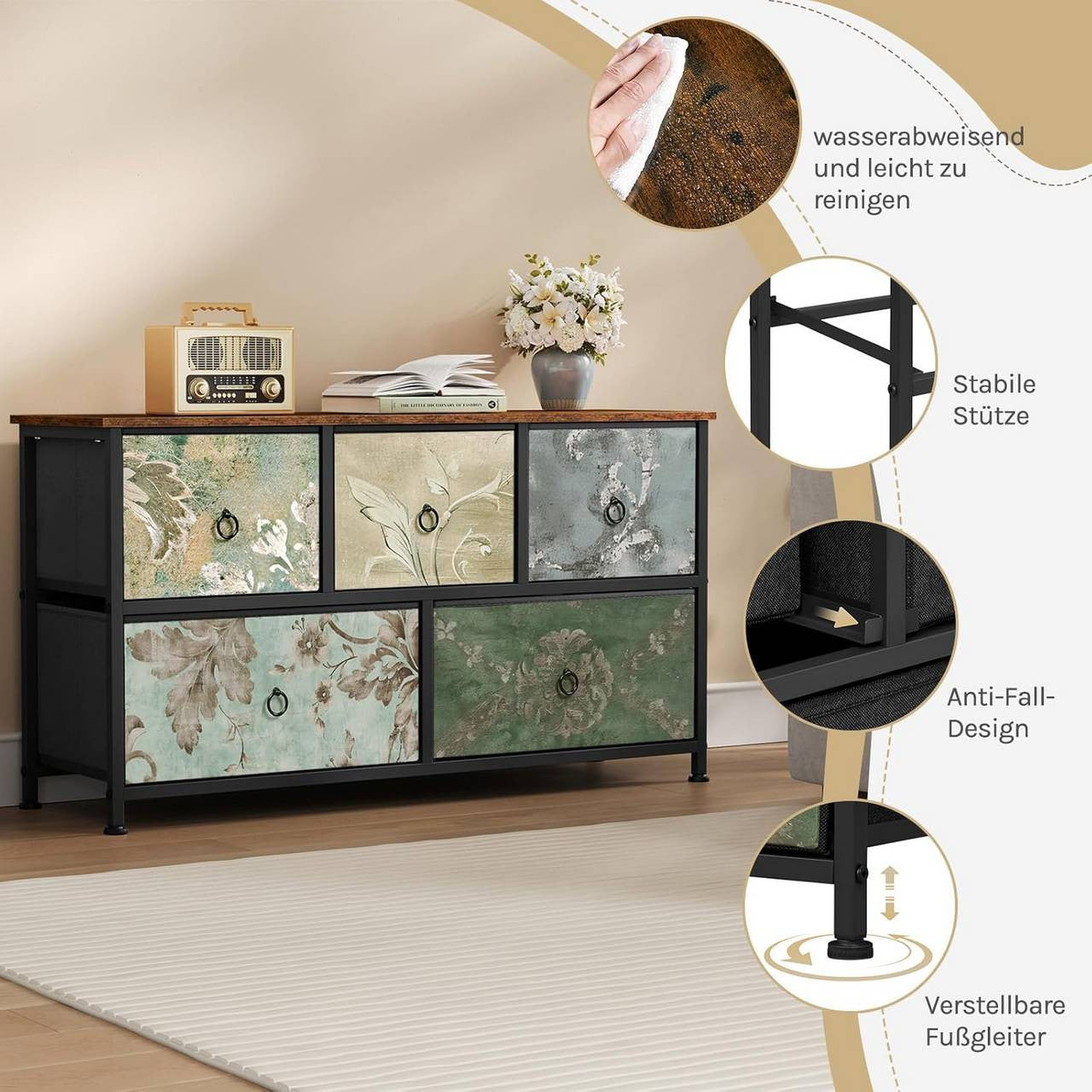 24goodz Vintage Floral 5-Drawer Chest - Unique Chic Design - Durable Metal and Wood - For Home Organization - Rustic Brown + Black