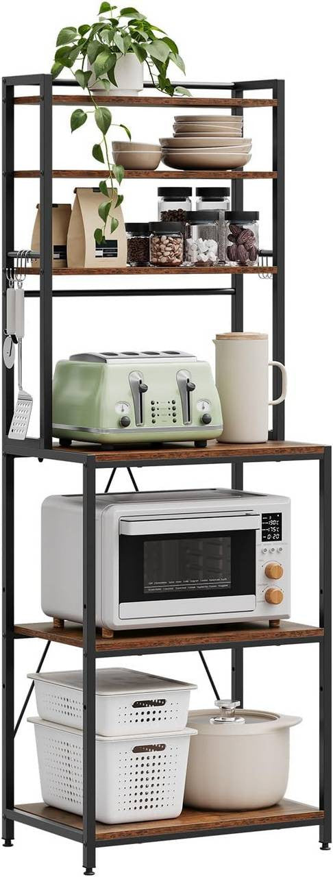 24goodz Kitchen Rack with 6 Shelves and Hooks - Durable and Stylish - E1 Quality Engineered Wood - For Home Chefs - Rustic Brown