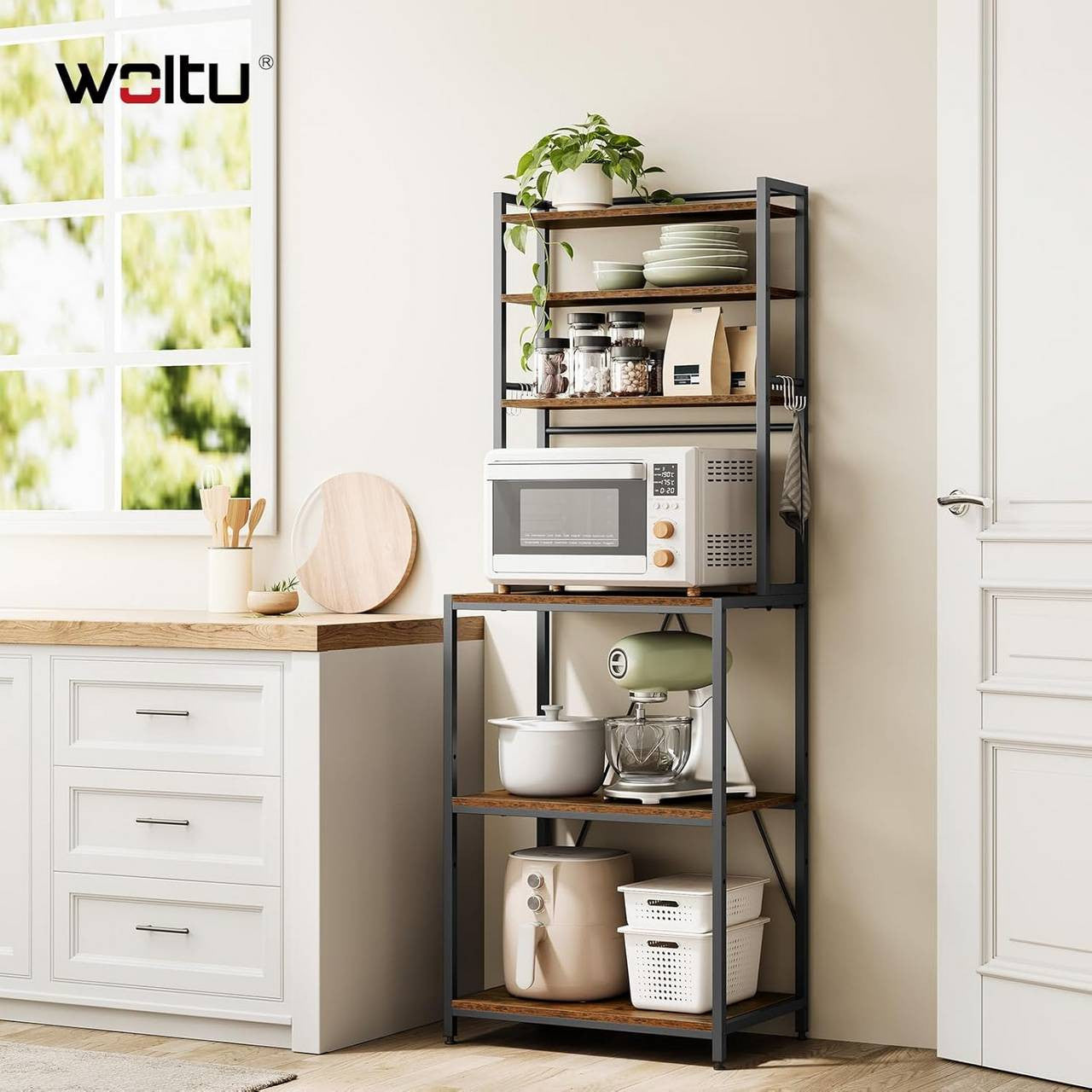 24goodz Kitchen Rack with 6 Shelves and Hooks - Durable and Stylish - E1 Quality Engineered Wood - For Home Chefs - Rustic Brown