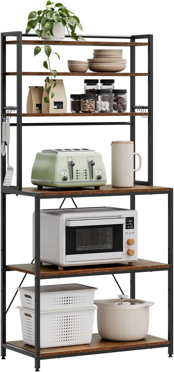 24goodz Kitchen Rack with 6 Shelves and Hooks - Sturdy and Durable - E1-Quality Engineered Wood - For Kitchen and Living Room - Rustic Brown