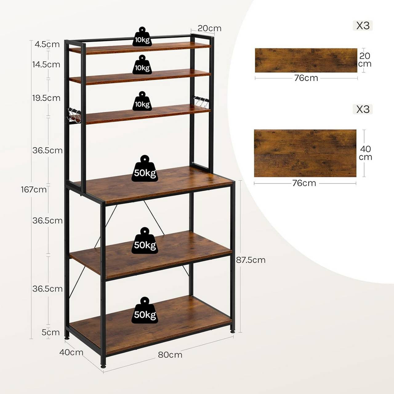 24goodz Kitchen Rack with 6 Shelves and Hooks - Sturdy and Durable - E1-Quality Engineered Wood - For Kitchen and Living Room - Rustic Brown