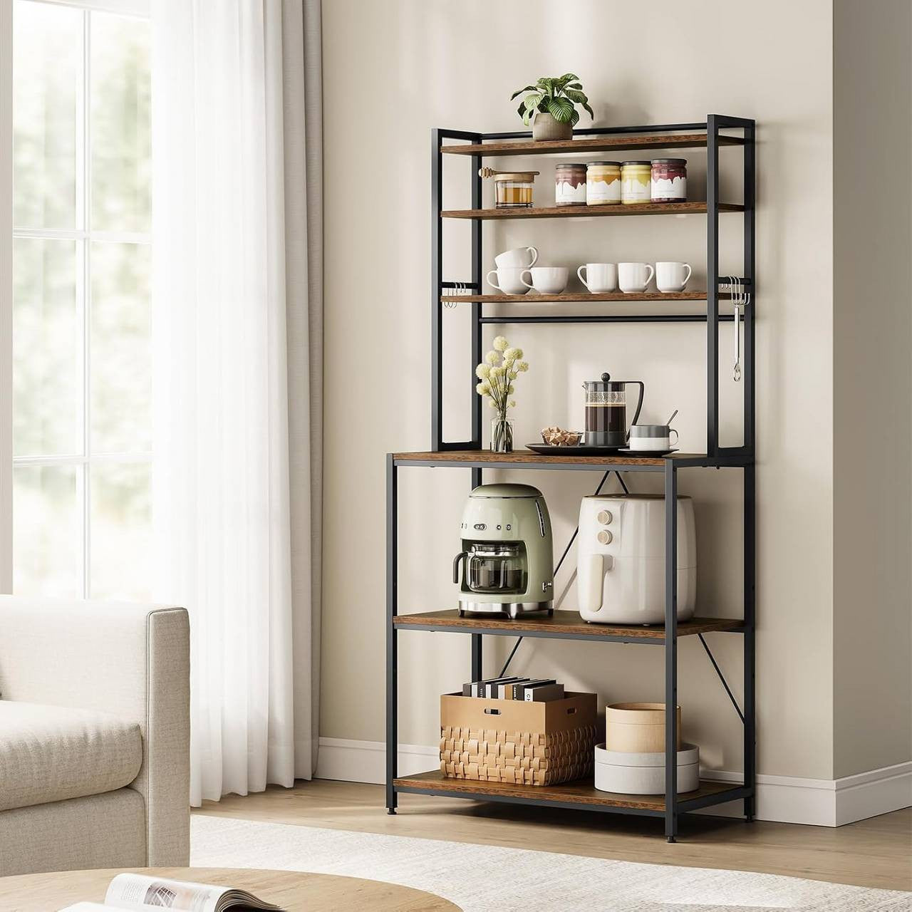 24goodz Kitchen Rack with 6 Shelves and Hooks - Sturdy and Durable - E1-Quality Engineered Wood - For Kitchen and Living Room - Rustic Brown