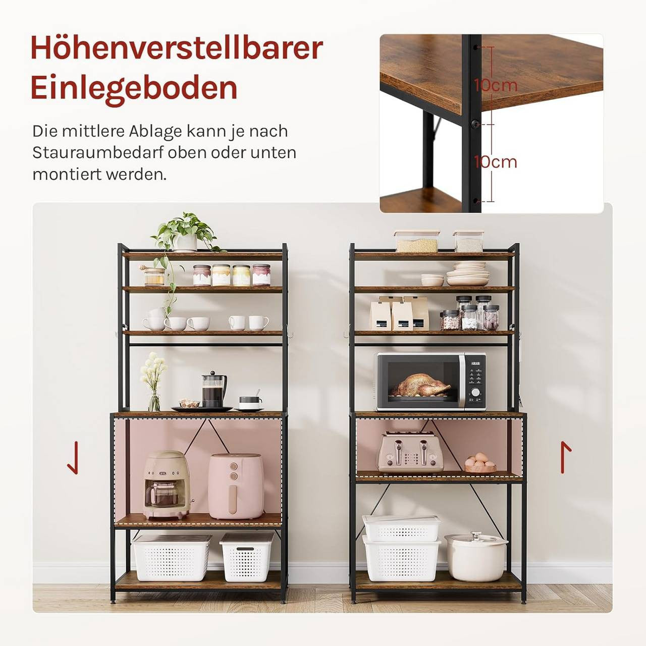 24goodz Kitchen Rack with 6 Shelves and Hooks - Sturdy and Durable - E1-Quality Engineered Wood - For Kitchen and Living Room - Rustic Brown