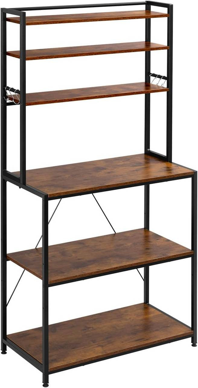 24goodz Kitchen Rack with 6 Shelves and Hooks - Sturdy and Durable - E1-Quality Engineered Wood - For Kitchen and Living Room - Rustic Brown