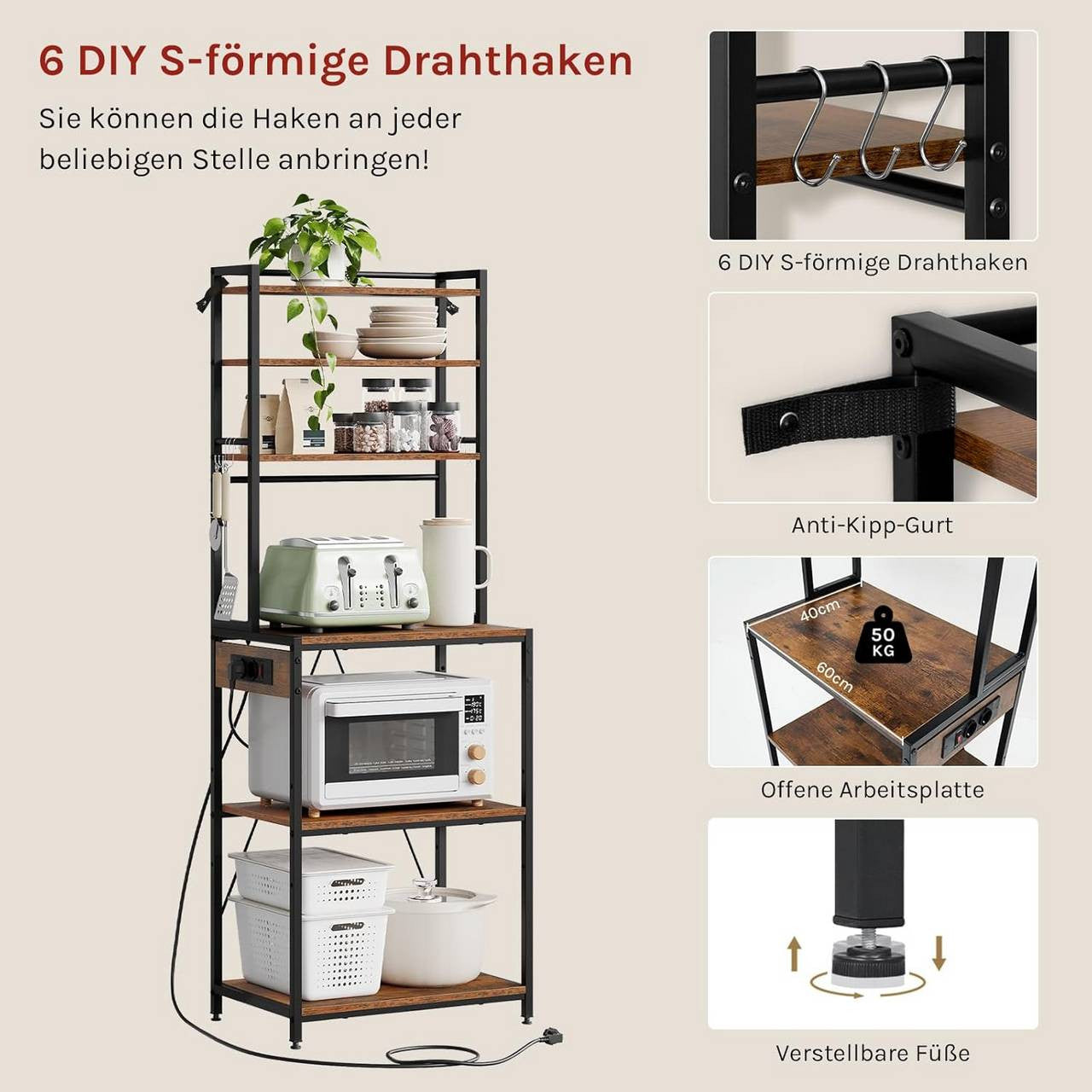 24goodz Kitchen Shelf with Power Outlets - Spacious Storage Solution - E1-Class Particleboard - For Home Chefs - Rustic Brown