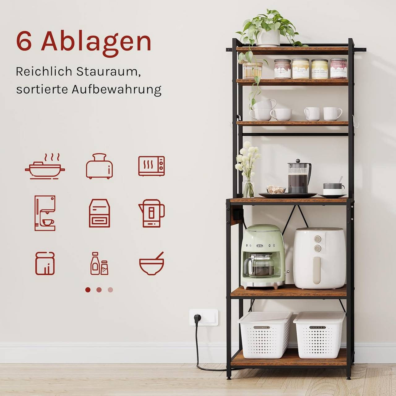24goodz Kitchen Shelf with Power Outlets - Spacious Storage Solution - E1-Class Particleboard - For Home Chefs - Rustic Brown