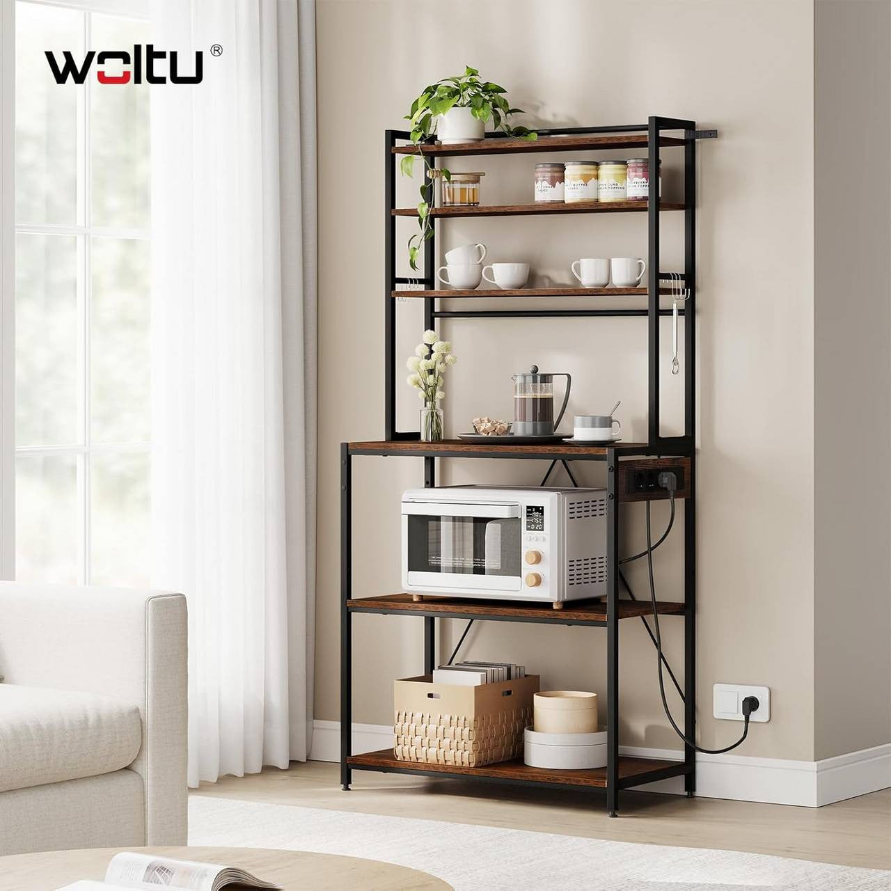 24goodz Kitchen Shelf with Power Outlets - Ample Storage Space - Sturdy Metal Frame - For Home Chefs - Rustic Brown