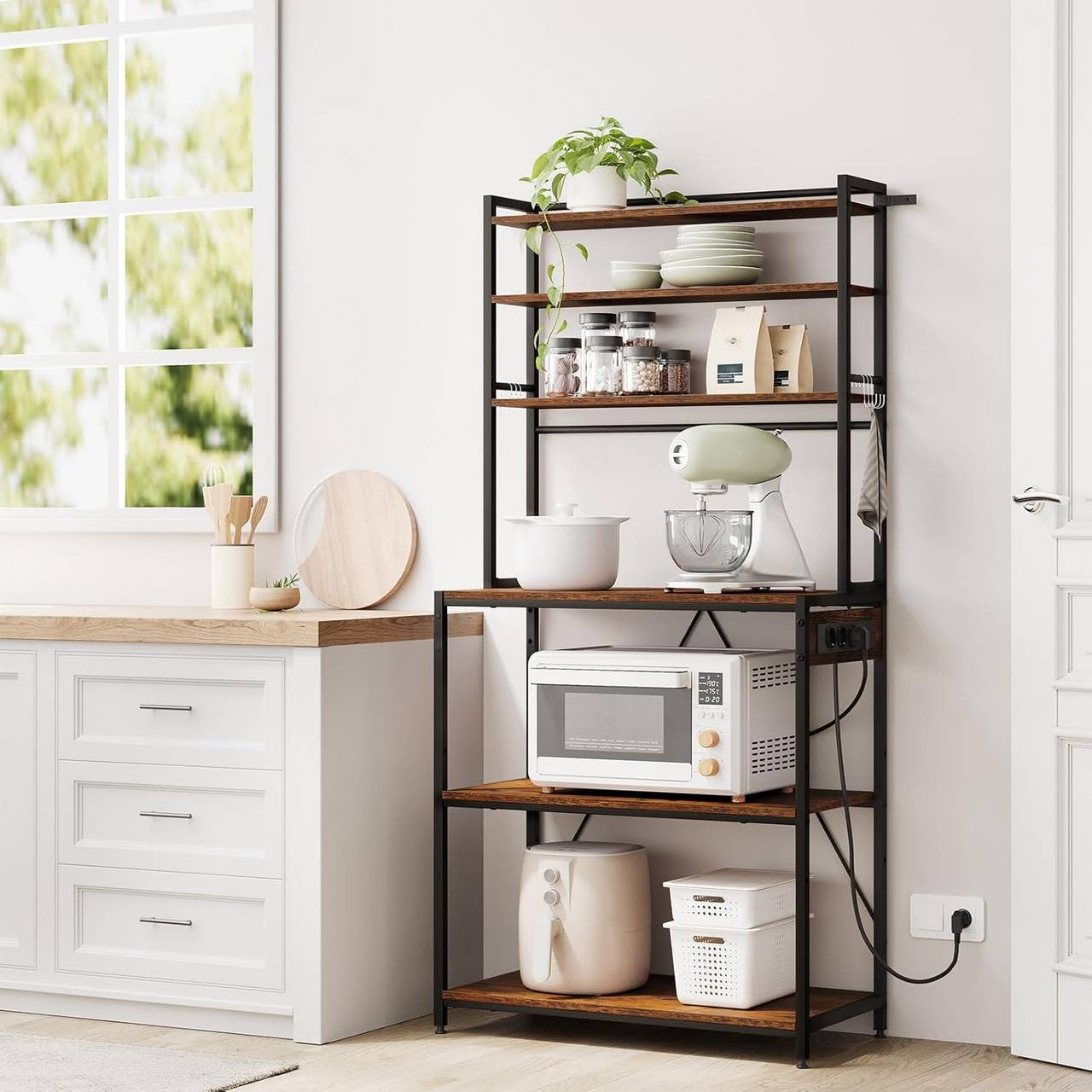 24goodz Kitchen Shelf with Power Outlets - Ample Storage Space - Sturdy Metal Frame - For Home Chefs - Rustic Brown