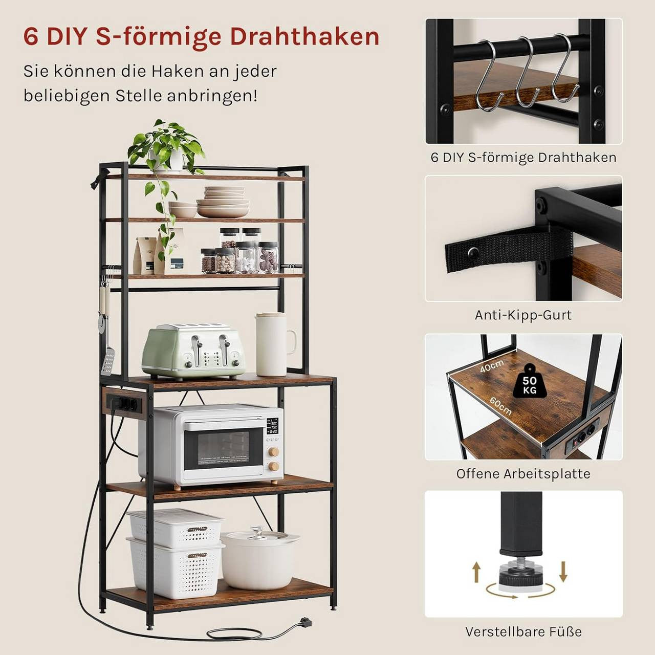 24goodz Kitchen Shelf with Power Outlets - Ample Storage Space - Sturdy Metal Frame - For Home Chefs - Rustic Brown