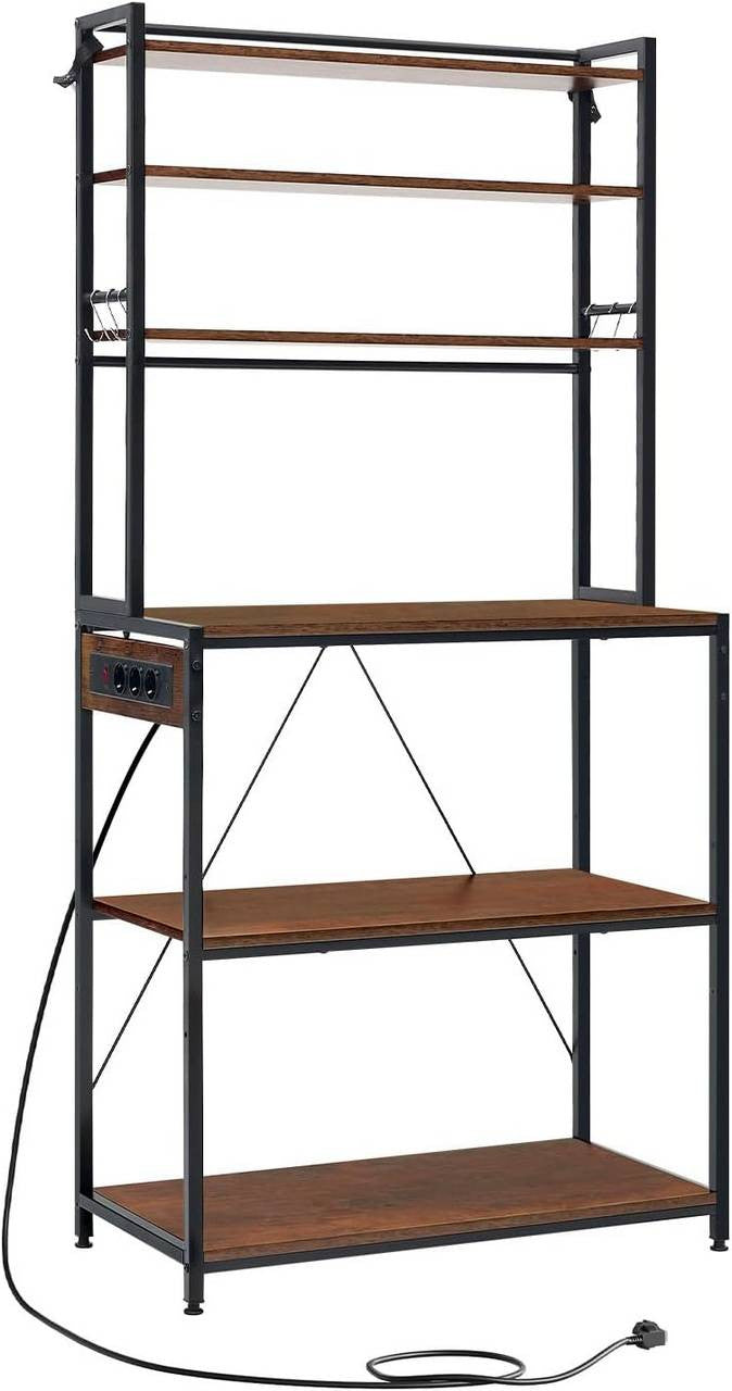 24goodz Kitchen Shelf with Power Outlets - Ample Storage Space - Sturdy Metal Frame - For Home Chefs - Rustic Brown