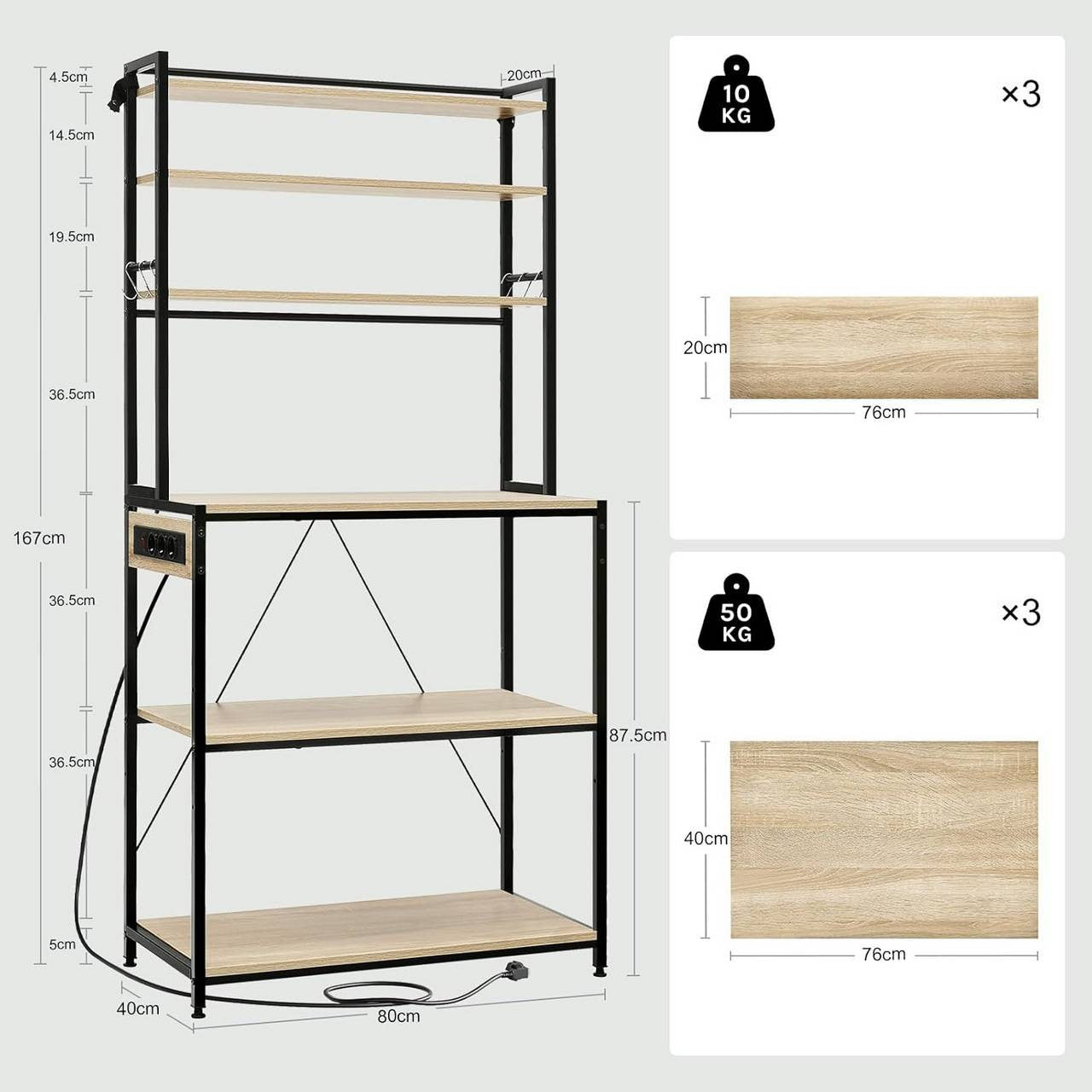 24goodz Kitchen Shelf with Power Outlets - Spacious Storage with 6 Shelves - Sturdy Metal Frame - For Kitchen Enthusiasts - Light Oak + Black